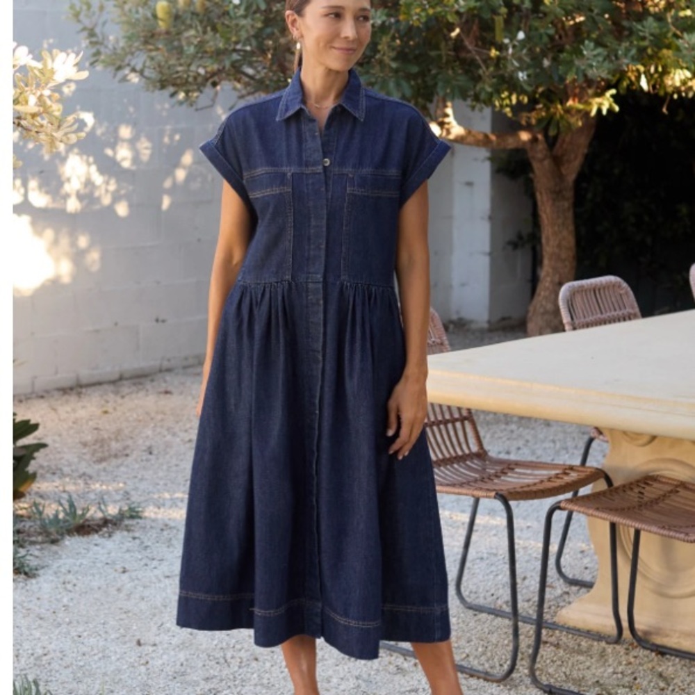 Dark Blue Denim Midi Shirt Dress - Women's Casual